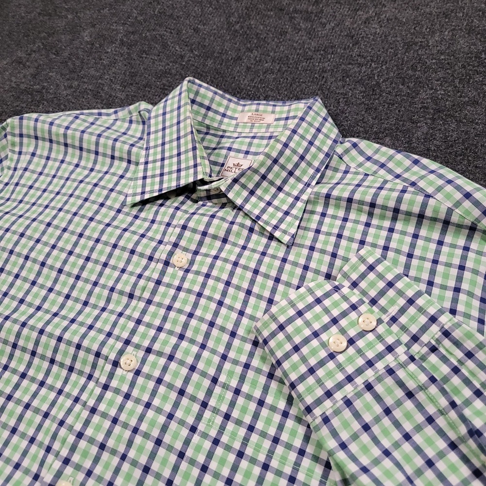 Peter Millar Men's Large Blue Green Gingham Check Long Sleeve Button Down Shirt